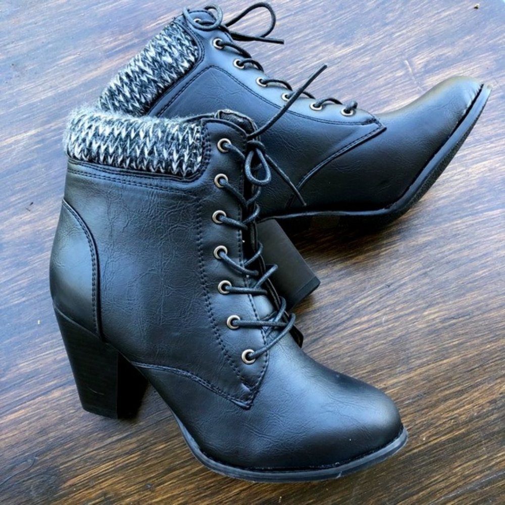 Black Lace Up Combat Bootie Chunky Heel Knit Ankle
